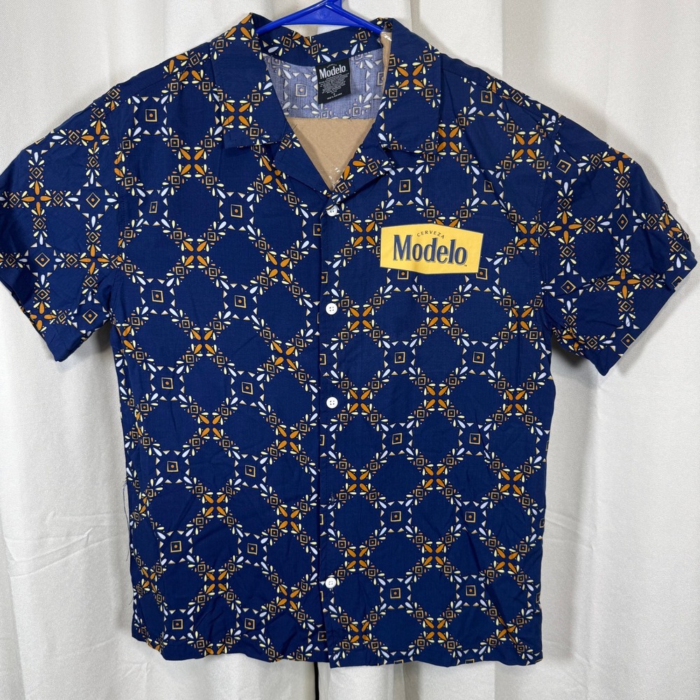 Modelo Geometric Short Sleeve Button Down Hawaiian Rayon Shirt Beer Men